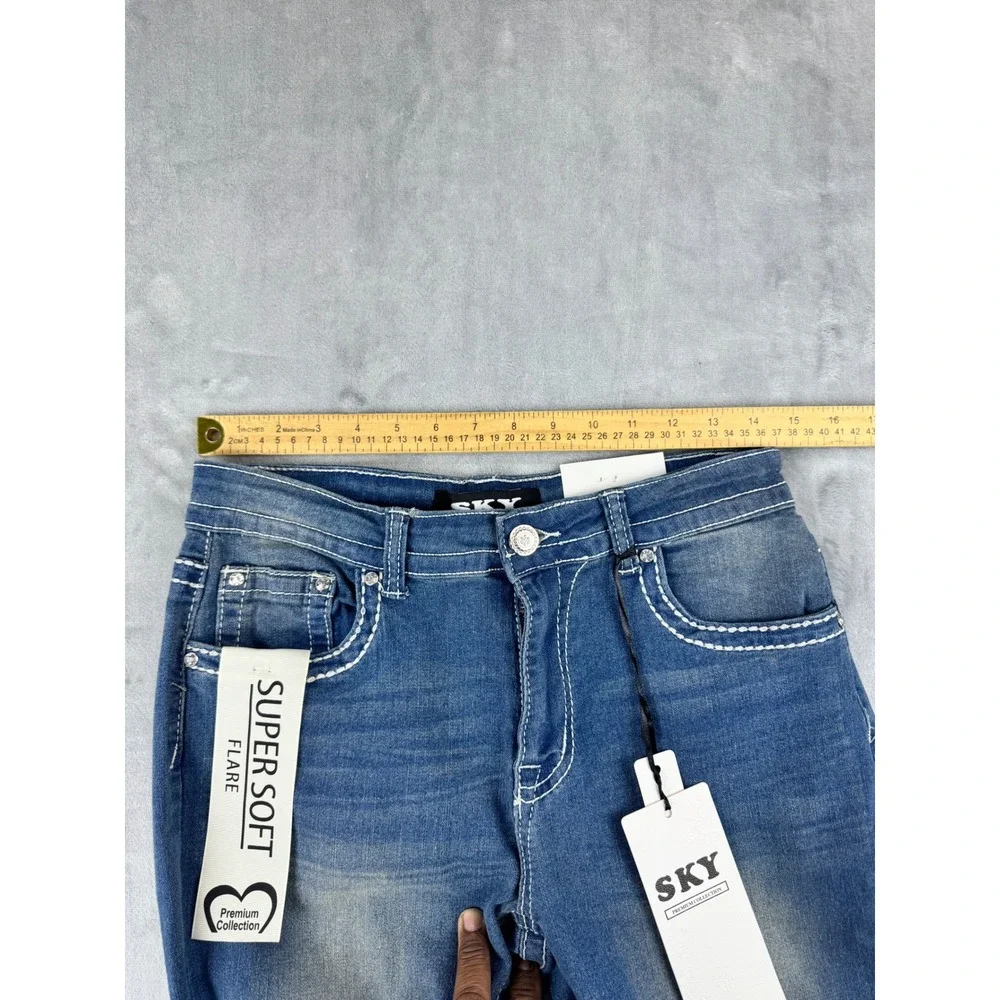 New Women 11/12 Flare Blue Denim Embellished jeans embroidered Bootcut wide leg - Picture 5 of 10